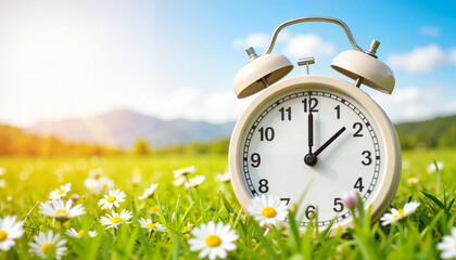 Clock with spring background in vibrant meadow, daylight saving concept