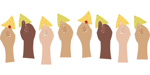 Mens and Womens Hands different race holding corn and spinach nachos. Nachos Day decorative elements