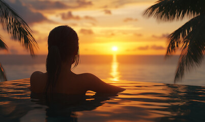 Fototapeta premium A woman relaxing in an infinity pool with a view of a tropical beach at sunset, shot from behind.