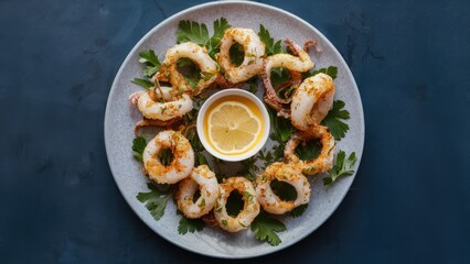Crispy golden squid rings arranged symmetrically on a gray plate surrounded by fresh parsley with lemon slices and dipping sauce in the center