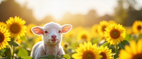 Tiny lamb smiling among vibrant sunflowers in a sunny field, symbol of spring joy and Easter celebration. Greeting card, banner or for Spring Equinox or Happy Easter promotion