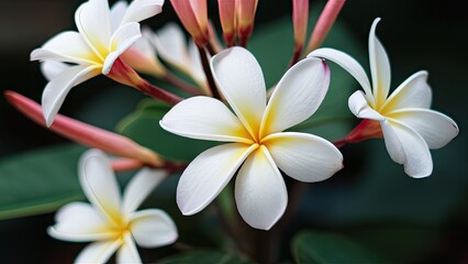 Obraz premium Close-up of vibrant white and yellow Japanese frangipani flowers against dark green foliage, showcasing delicate petals and soft natural lighting.