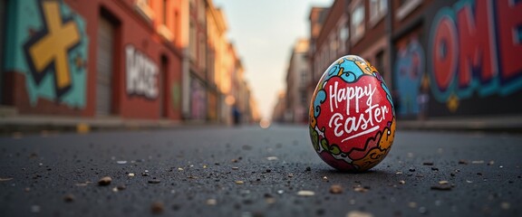 Naklejka premium Colorful Easter egg with intricate graffiti design resting on urban street, vibrant city backdrop. Celebrating street art and Easter joy. Greeting card, banner or holiday poster