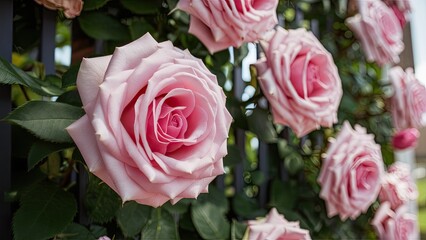 Closeup view of lush pink climbing roses against a green backdrop showcasing soft petals and intricate details with iron trellis framing the scene
