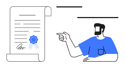 Person with beard and blue shirt points at scroll-thumbs up document with blue ribbon and signature. Ideal for certification, education, approval, achievement, contract, agreement, legal themes