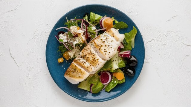 Topdown view of a perfectly cooked cod fillet on a blue plate with fresh mixed salad including greens, radish, olives, and colorful toppings.