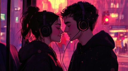 A couple sharing headphones and listening to music on a bus ride