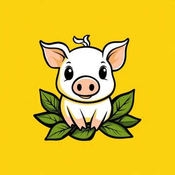 Cute cartoon piglet on leaves, cheerful, simple, kids, playful, background, vector graphic, stock photo