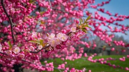 Fototapeta premium Vibrant pink cherry blossoms in full bloom against a bright blue sky with lush green grass creating a stunning springtime landscape.