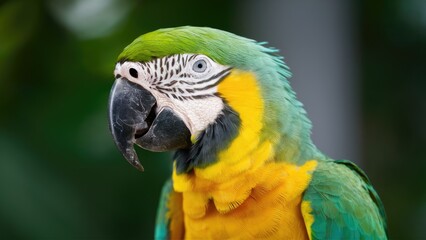 Obraz premium Vibrant closeup of a blue and yellow parrot showcasing intricate feathers with a blurred green background emphasizing the bird's vivid colors.