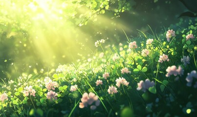 Fototapeta premium Flowering clover in meadow, spring grass and clover flower lit by sunlight in spring