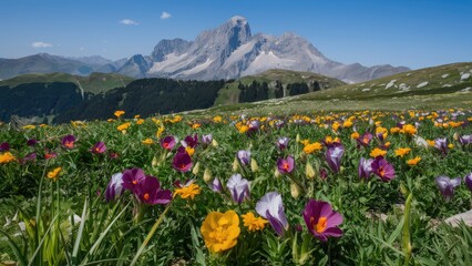 Fototapeta premium Vibrant alpine meadow filled with purple and yellow flowers in the foreground with a majestic mountain massif under clear blue sky in background