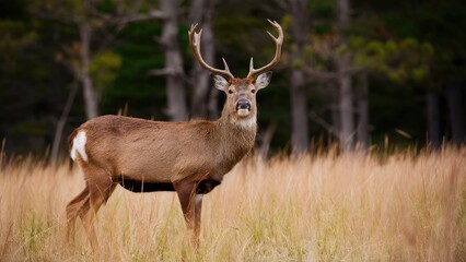 Obraz premium A majestic deer with large antlers stands alert in a golden grassy field surrounded by lush green trees in a tranquil natural habitat.