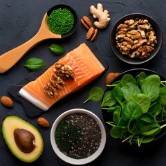 Healthy salmon, nuts, greens, and seeds on dark background for cookbook or blog
