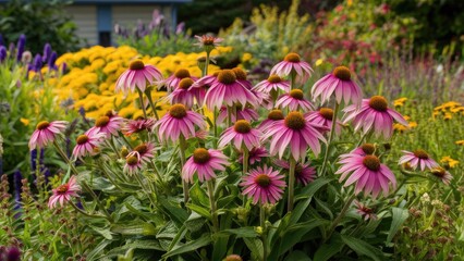 Obraz premium Vibrant garden scene featuring clusters of pink Echinacea flowers in foreground with yellow flowers and greenery in soft focus background.