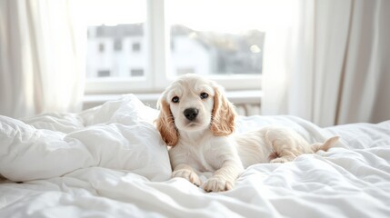 Obraz premium Cute happy playful puppy Cocker Spaniel puppy dog on white bed. Funny moments of a dog. copy space. lovely pet.