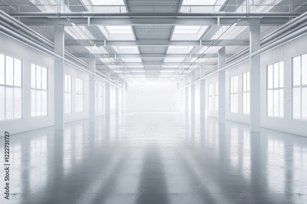 Wall mural clear and clean white concreate warehouse floor architecture illuminated.