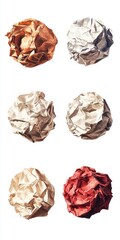 A collection of six crumpled paper balls in various colors and textures.