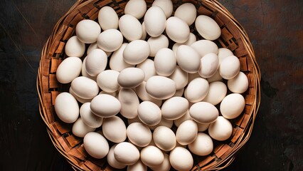 Basket overflowing with numerous white salted eggs arranged neatly in a round wicker basket against a dark textured background.