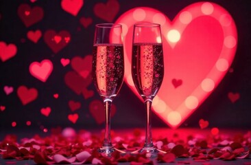 two champagne glasses clink together in celebration, surrounded by a soft cascade of red and pink confetti. Valentines day
