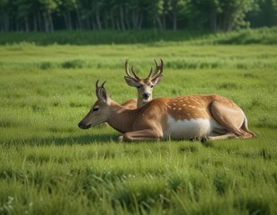 Fototapeta premium Graceful deer lounging on the emerald green grass in Siberia, scenic, rural, vegetation, wildlife reserve