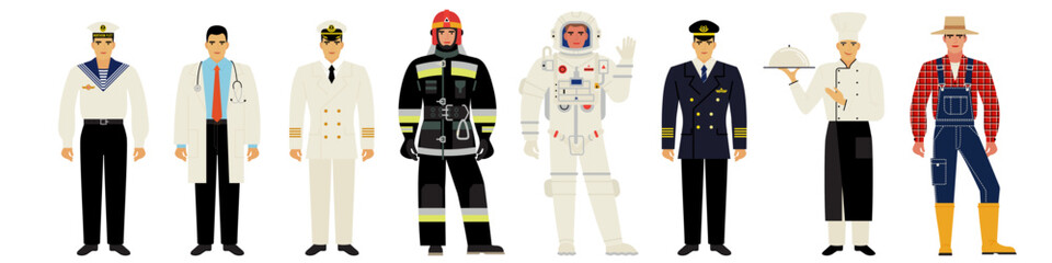 set of men in uniforms of different professions isolated on a white background. a flat cartoon-style drawing. stock vector illustration. EPS 10.