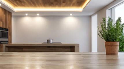 Sustainable home minimalist idea. Modern kitchen interior with wooden accents and a potted plant on a wooden table.
