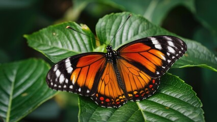 Fototapeta premium Vibrant orange butterfly with striking black and white patterns perched on a green leaf, displayed in a lush natural environment, close-up view.
