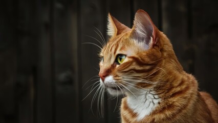 Closeup profile portrait of a vibrant orange cat with distinct features and long whiskers set against a dark wooden background