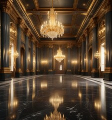 Obraz premium Grand hall with golden chandeliers and polished marble floor, grand, stately, chamber