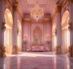 Grand throne room with high ceilings and ornate decorations bathed in soft pastel hues of pink and purple during the golden hour, ornate, refined