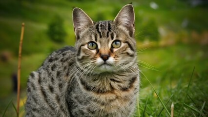 Fototapeta premium Sociable striped cat with green eyes gazing curiously, surrounded by lush green grass and soft blurred background elements showcasing nature.