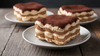 Delicious layered tiramisu dessert squares on white plates with cocoa dusting arranged on rustic wooden table background.