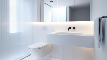 Fototapeta premium Minimalist home idea. Modern bathroom with sleek design, bright lighting, and minimalist features.