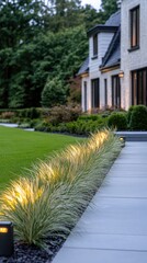 Obraz premium Bright white LED light guides the way along a stone walkway surrounded by greenery at dusk, enhancing the tranquil evening atmosphere.