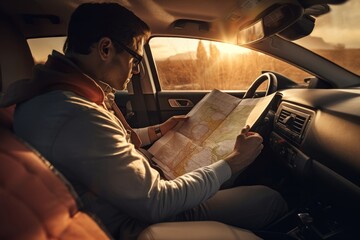 Man reading map in a car.