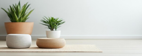 Fototapeta premium Neutral colors minimalist concept. Stylish indoor plants in modern pots on a minimalist rug in a bright room.