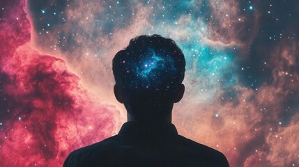 A silhouette of a person with a galaxy in their head, representing creativity and imagination in a cosmic landscape.