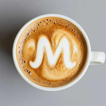 A coffee cup with latte art in the shape of the letter "M"
