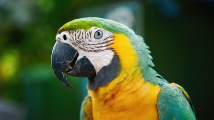 Obraz premium Colorful macaw parrot portrait with vibrant green and yellow feathers, facing left, detailed facial features against a blurred green background.