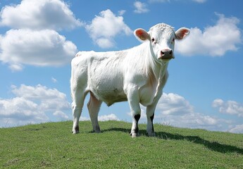 Obraz premium Charming White Calf Standing Gracefully on a Lush Green Hill Under a Bright Blue Sky with Fluffy Clouds, Perfect for Agricultural and Nature Themes