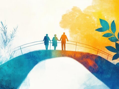Abstract concept of a senior and caregiver crossing a bridge marked  retirement,  symbolizing aging care transition