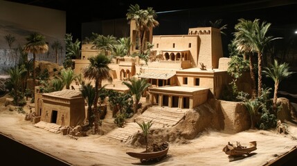 Detailed model of an ancient desert city, showing buildings, palm trees, and a boat.