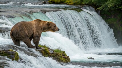Obraz premium Grizzly bear crouched low to catch salmon in fast flowing river near waterfall muscles tense and ready to strike, wildlife, river, waterfall, active