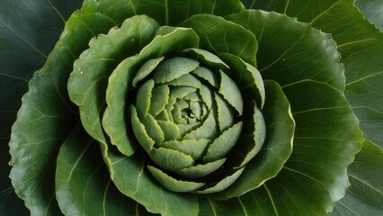 Obraz premium Vibrant green artichoke close-up centered on a dark green leaf background with intricate layering and textures emphasizing freshness and natural beauty.