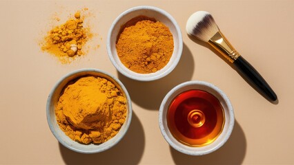 Turmeric mask ingredients arranged in white bowls with honey and powder beside a makeup brush on a beige background for skincare beauty concept