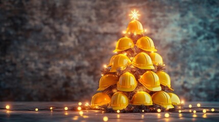 Unique Christmas tree decorated with yellow hard hats and lights for a festive construction-themed celebration
