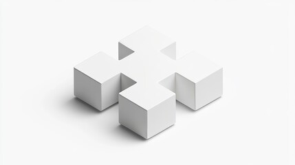 Unique white 3D puzzle piece arrangement on a minimalist background showcasing modern design