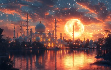 Fantasy cityscape with domed buildings at sunset stars and large moon reflected in water


