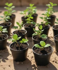 Group of young wild watermelon seedlings in small pots ready for planting, containers, nursery stock